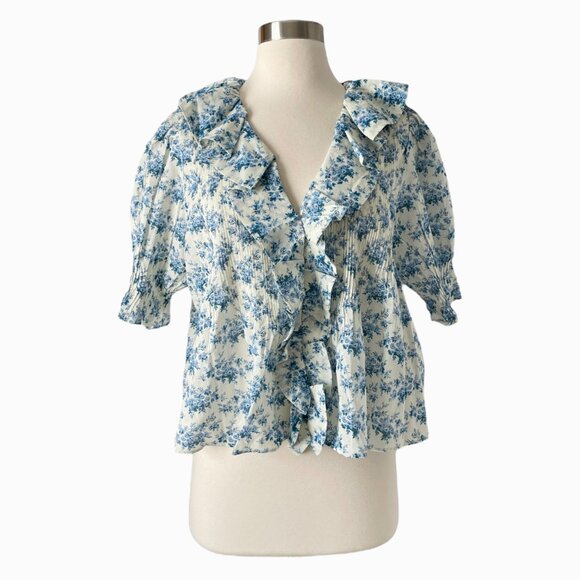 Doen Henri Ruffle Blouse S Blue Floral Cotton Top Feminine Cottagecore - Picture 11 of 11